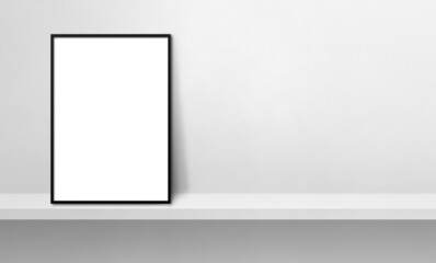 Black picture frame leaning on a white shelf. 3d illustration. Horizontal banner