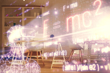 Double exposure of formulas drawing and office interior background. Concept of education.