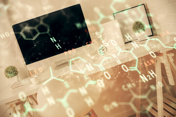 Double exposure of formulas drawing and office interior background. Concept of education.