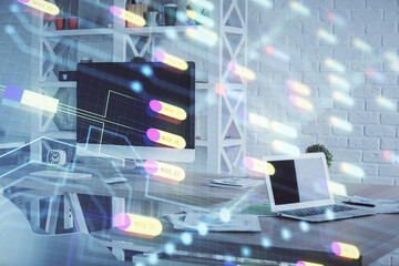 Multi exposure of data theme drawing and office interior background. Concept of technology.