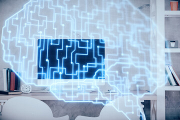 Multi exposure of brain drawing and office interior background. Concept of data technology.