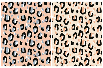 Abstract Leopard Skin Seamless Vector Patterns. Irregular Black, Beige and Blue Brush Spots on a Blush Pink and Beige Background. Abstract Wild Animal Skin Print. Simple Wild Cat Fur Design.