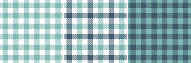 Gingham check pattern set in turquoise blue green and white. Seamless vichy graphic background for spring summer picnic blanket, tablecloth, towel, handkerchief, other modern fashion textile print.