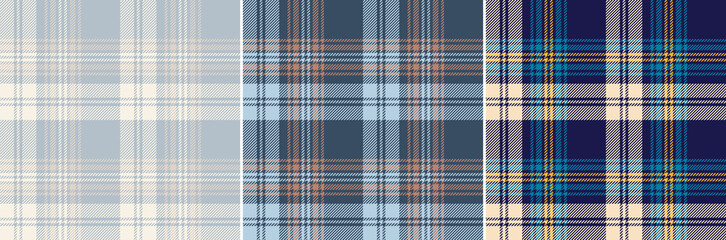 Check plaid pattern set in navy blue, yellow, brown, beige. Seamless textured simple tartan vector background for flannel shirt or other modern spring summer autumn winter fashion textile design. - obrazy, fototapety, plakaty