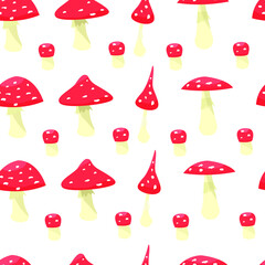 Amanita mushrooms seamless pattern.Vector pattern of fly agarics of different sizes.
