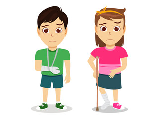 Cute beautiful kid boy and girl character wearing beautiful outfit and injured kid with broken hand and broken leg