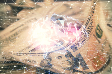Double exposure of brain drawing over us dollars bill background. Technology concept.