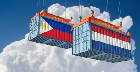 Freight containers with Philippines and Netherlands national flags. 3D Rendering 
