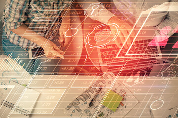 Double exposure of man and woman working together and data theme hologram drawing. Computer background. Top View.