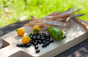 Peeled black beans. Dry bean´s pods. Yellow and green chilli. Wooden cutting board