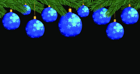 Blue Christmas balls on fir branches

