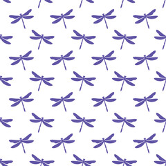 White seamless pattern with purple dragonflies. Cute and childish design for fabric, textile, wallpaper, bedding, swaddles toys or gender-neutral apparel.