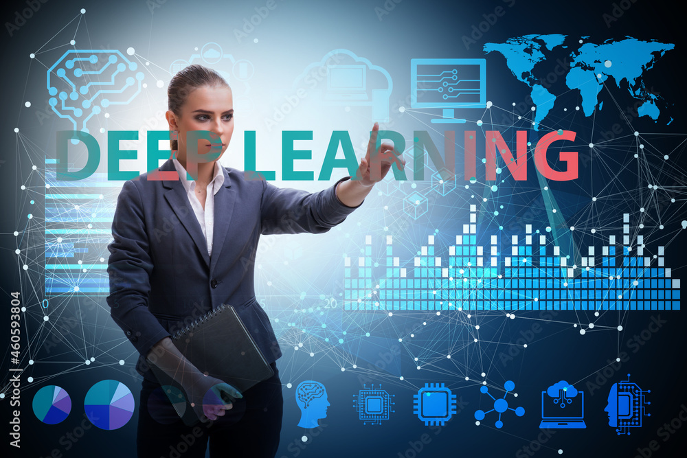 Poster deep learning concept with businessman pressing button