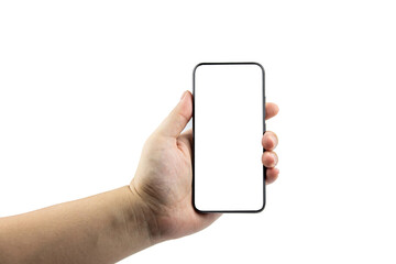 hand holding a black smartphone with white screen isolated on a white background. with copy space and design