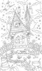 Vector illustration. Coloring Book for children and for adults.  Halloween themed coloring with a witch, a cat and other magical things. The theme of witchcraft. Antistress freehand sketch drawing.