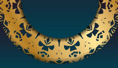 Rolgordijnen Blue gradient banner with golden mandala pattern and logo space © Javvani