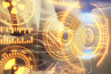 Double exposure of woman hands typing on computer and technology theme drawing. High Tech concept.