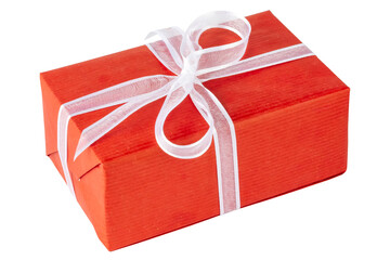 Red gift with white ribbon. Isolate on a white background.