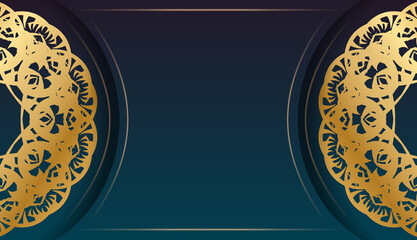 Blue gradient banner with gold mandala ornament and logo spot