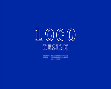 Trendy modern font slab serif, alphabet from two white stripes, uppercase and lowercase Latin letters from A to Z and Arab numbers from 0 to 9 for you design or logo