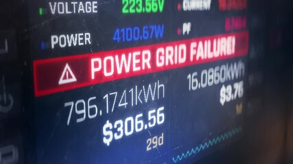 Power grid failure on energy meter, power outage, running low on electricity. Power plant failure, electricity outage, storm