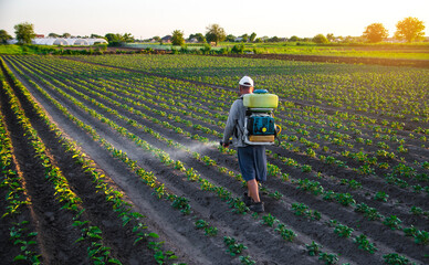 Farmer sprays a potato plantation with a sprayer. Chemical treatment. Mist sprayer, fungicide and pesticide. Effective crop protection of cultivated plants against insects and fungal. Field work - obrazy, fototapety, plakaty