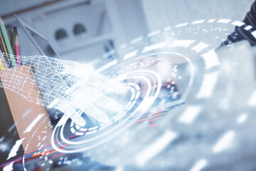 Double exposure of woman hands working on computer and data theme hologram drawing. Tech concept.
