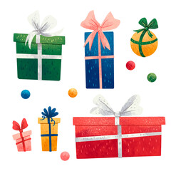 A set of illustrations for the new year colorful gifts, gift boxes and sequins, green, blue, red, yellow, pink with bows
