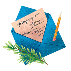 Illustration for the new year letter to Santa Claus blue envelope pine twig and yellow pencil