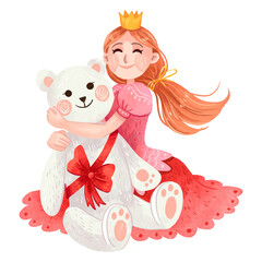 Illustration for the new year, a girl with long hair in a crown, a princess and in a pink dress received as a gift a large white teddy bear tied with a red bow