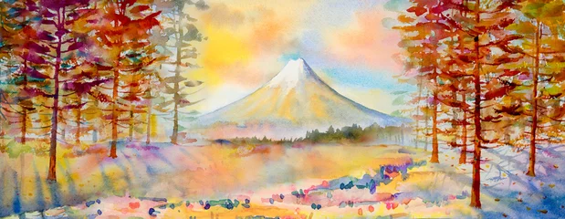 Poster Reis herfstseizoen Mount Fuji en bladverandering, oranjerode kleur in Japan. © Painterstock