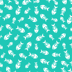 Fototapeta premium Blue seamless pattern with fish bones. Cute and childish design for fabric, textile, wallpaper, bedding, swaddles, toys or gender-neutral apparel. Simple and sweet print for nursery decor or wall art.