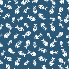 Navy seamless pattern with fish bones. 