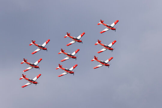 St Paul's Bay, Malta - September 24, 2021: Swiss Air Force PC-7 team peforming their display over the sea.