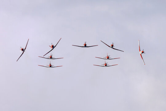 St Paul's Bay, Malta - September 24, 2021: Swiss Air Force PC-7 team peforming their display over the sea.
