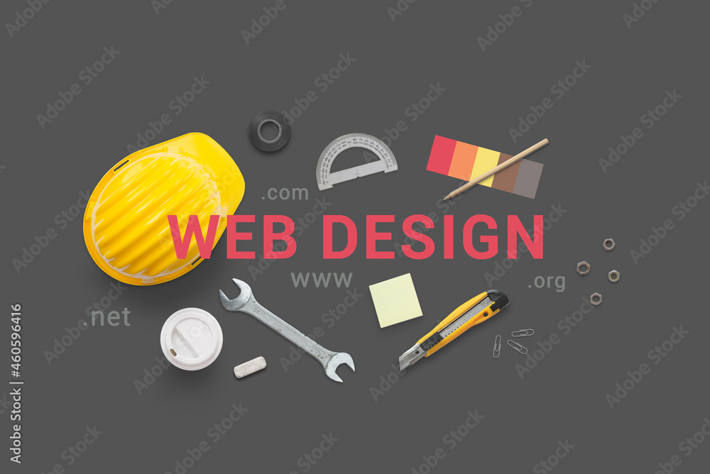 Poster Web design text surrounded with construction tools. Concept flat lay composition