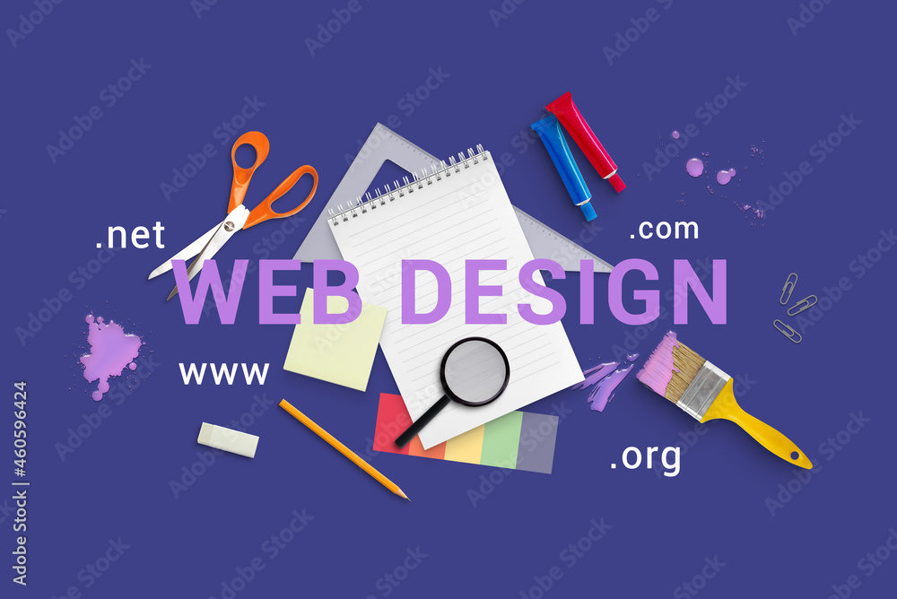 Aufkleber Creative web design concept flat lay composition. Text surrounded with tools on purple surface
