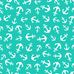 Fototapeta na wymiar Blue seamless pattern with white anchors.