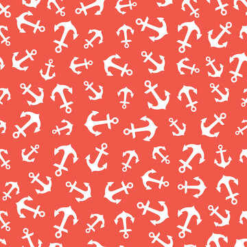 Red seamless pattern with white anchors. Cute and childish design for fabric, textile, wallpaper, bedding, swaddles, toys or gender-neutral apparel. 