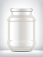 Glass Jar with Dairy Foods on Background. 