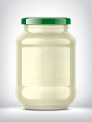 Glass Jar with Horseradish Sauce on Background. 