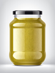 Glass Jar with Mustard on Background. 