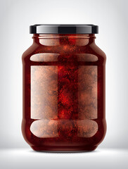 Glass Jar with Strawberry Jam on Background. 
