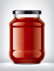 Glass Jar with Tomato Juice on Background. 