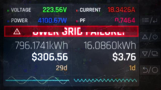Electricity meter with broken screen showing warning message, power grid failure. Power plant failure, electricity outage, storm