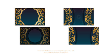 Gradient blue business card with abstract gold ornaments for your personality.