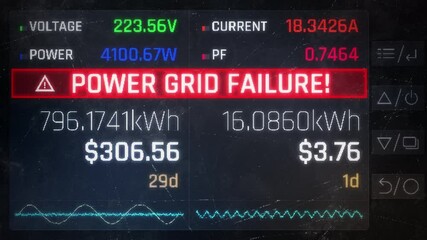 Electric meter showing power grid failure, problems with electricity, outage. Power plant failure, electricity outage, storm