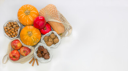 Autumn composition for thanksgiving day, zero waste, top view