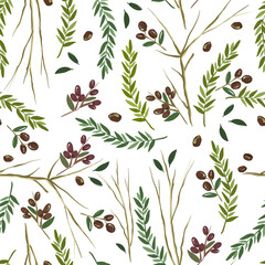 Seamless pattern of olive branch. Olive branches with leaves and berries. Drawn by hand. Bitmap print 

