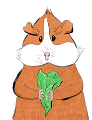 Cartoon terracotta hamster holding a leaf of fresh green 
salad in its paws